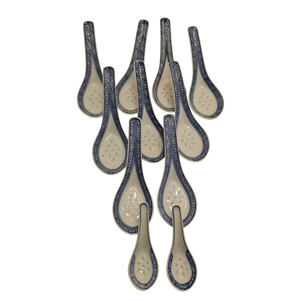 Vintage Blue White Rice Grain Porcelain Soup Spoons Set of 9+2 Chinese Dragon